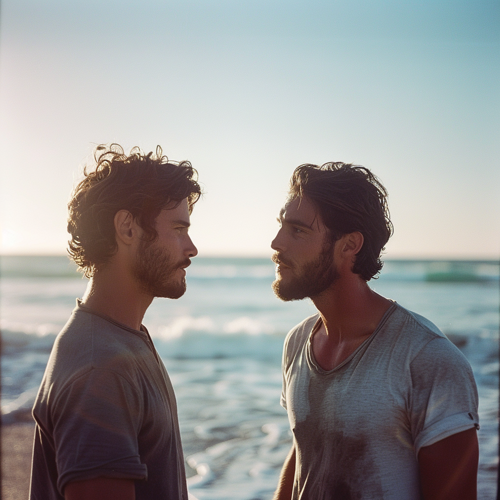 Dos hombres manteniendo una conversación seria en una playa | Fuente: Midjourney