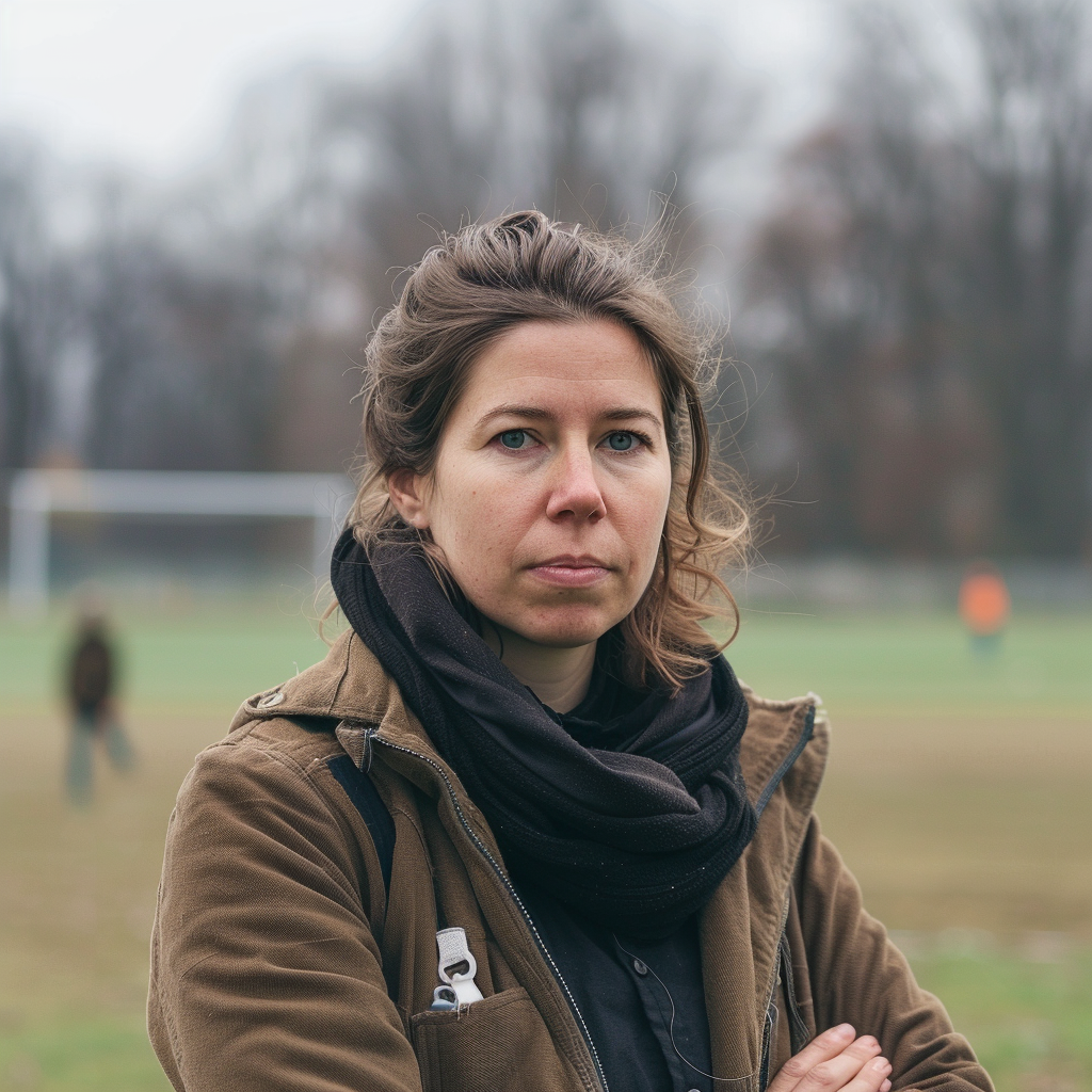 Una mujer de pie al aire libre durante un entrenamiento de fútbol | Fuente: Midjourney