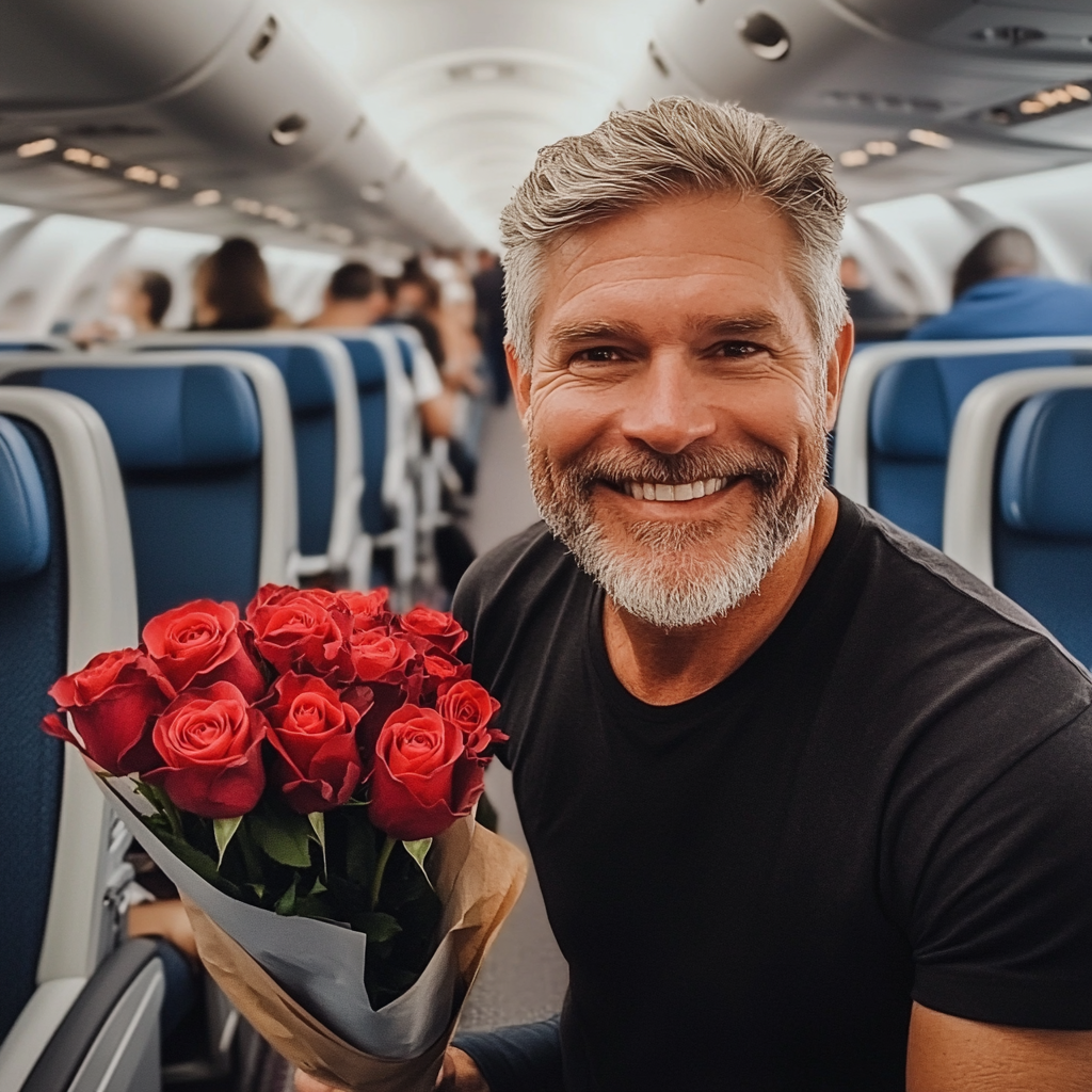 Un hombre sonriente con un ramo de rosas en un avión | Fuente: Midjourney