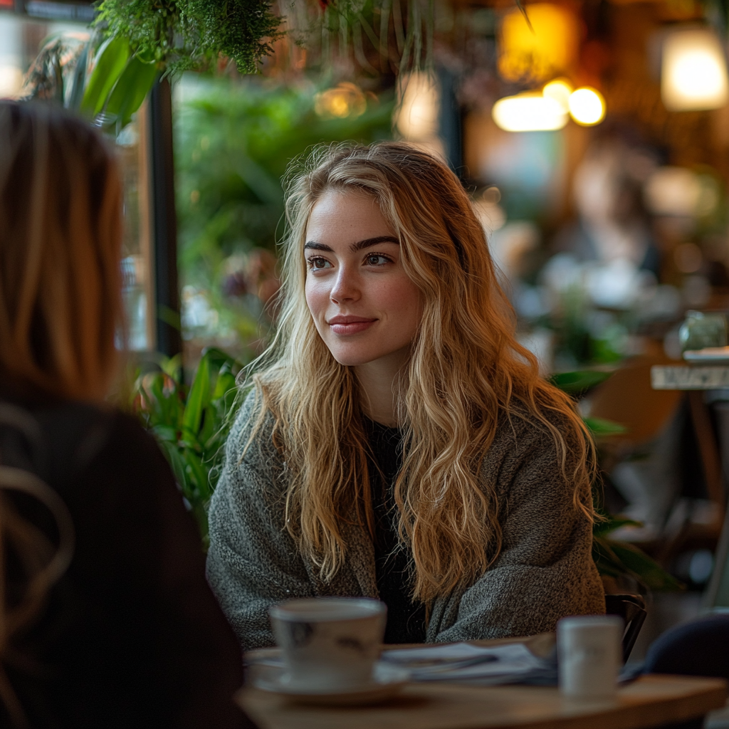 Una mujer sentada en una cafetería con una amiga | Fuente: Midjourney