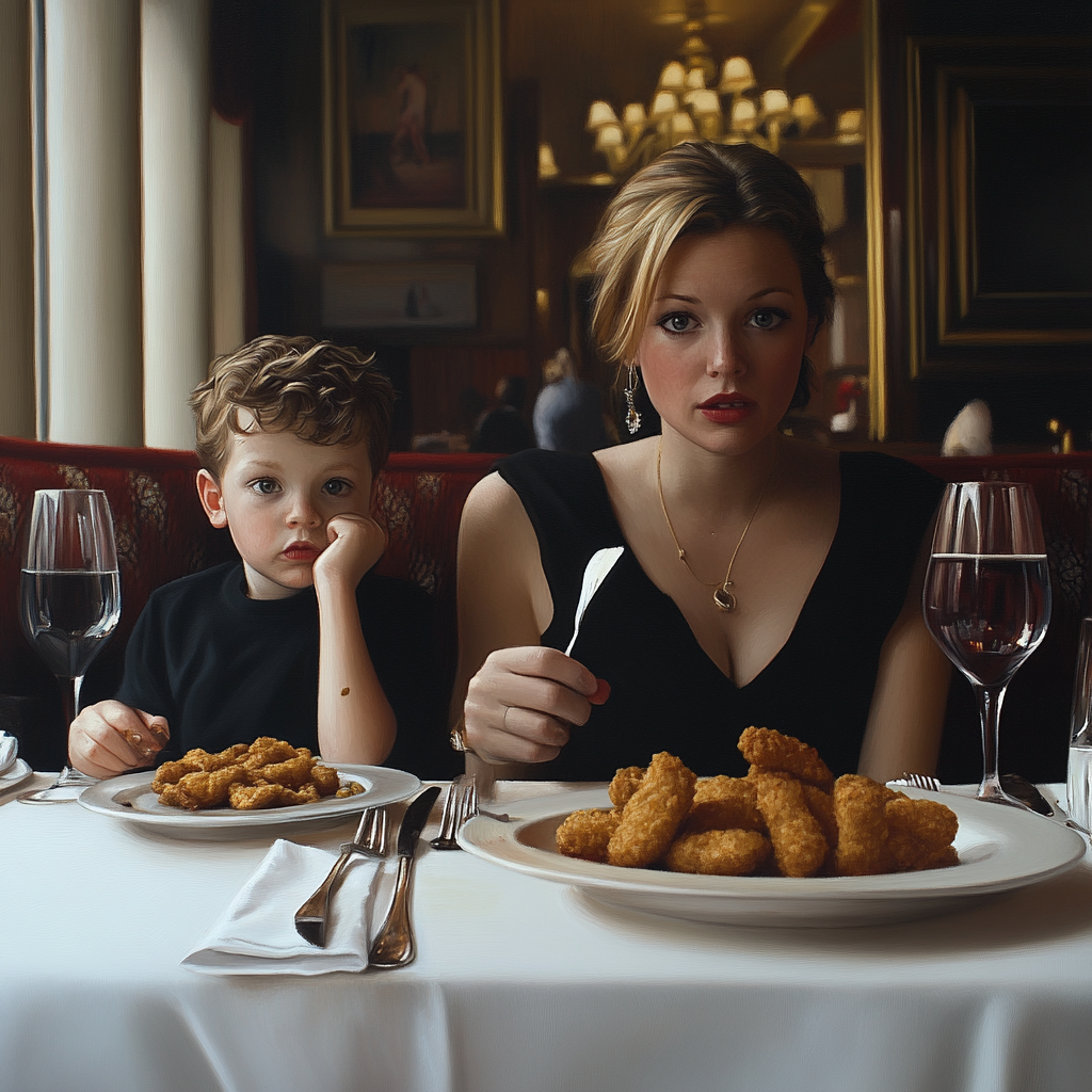 Mamá e hijo comiendo en un restaurante de lujo | Fuente: Midjourney