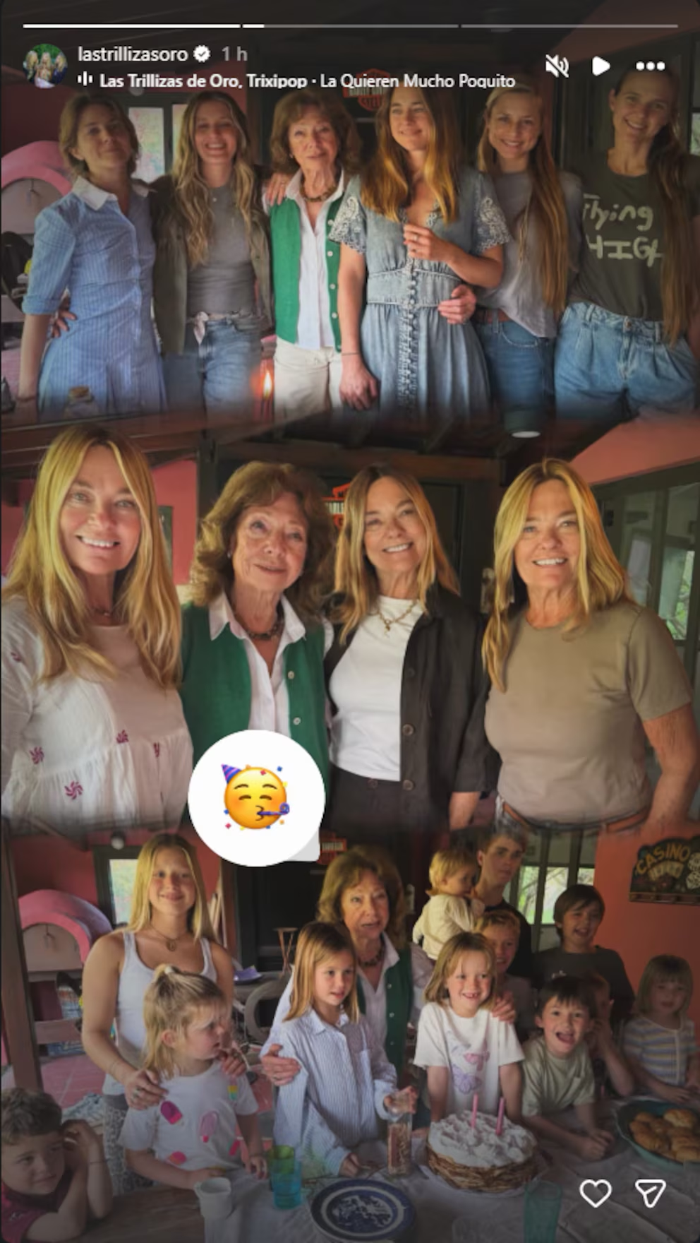 María Emilia, María Eugenia y María Laura Fernández Rousse, mejor conocidas como Las Trillizas de Oro, posando junto a su madre Chichita en su cumpleaños número 88, acompañada por sus nietos y bisnietos | Fuente: Instagram Stories/lastrillizasoro