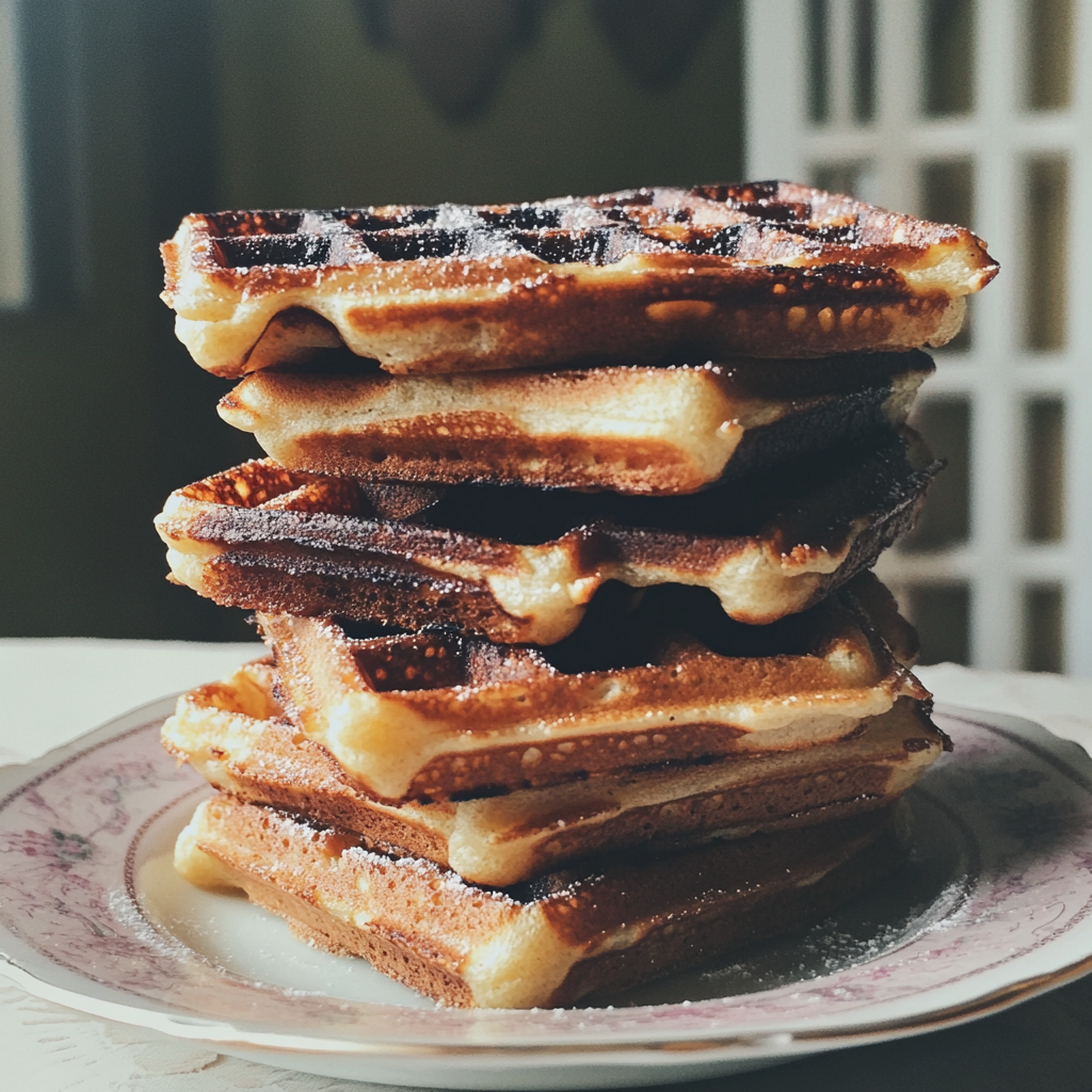 Una pila de wafles medio quemados en un plato | Fuente: Midjourney