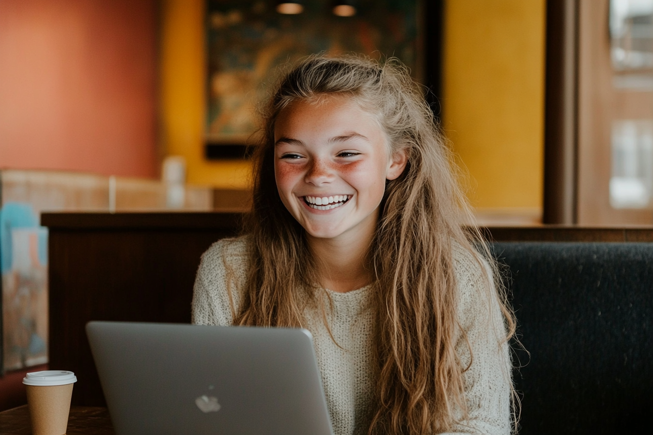 Una adolescente riendo durante una videollamada | Fuente: Midjourney