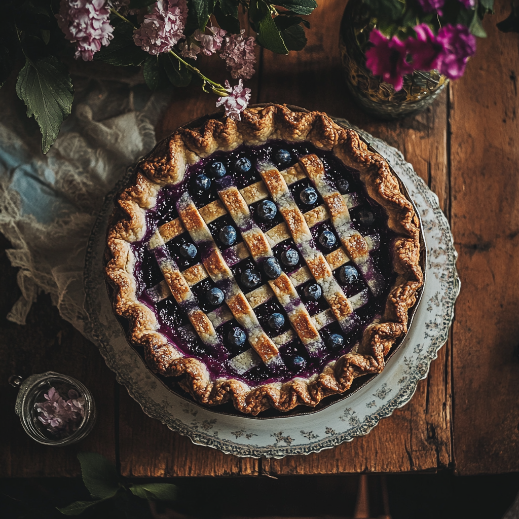 Una tarta de arándanos sobre una mesa | Fuente: Midjourney