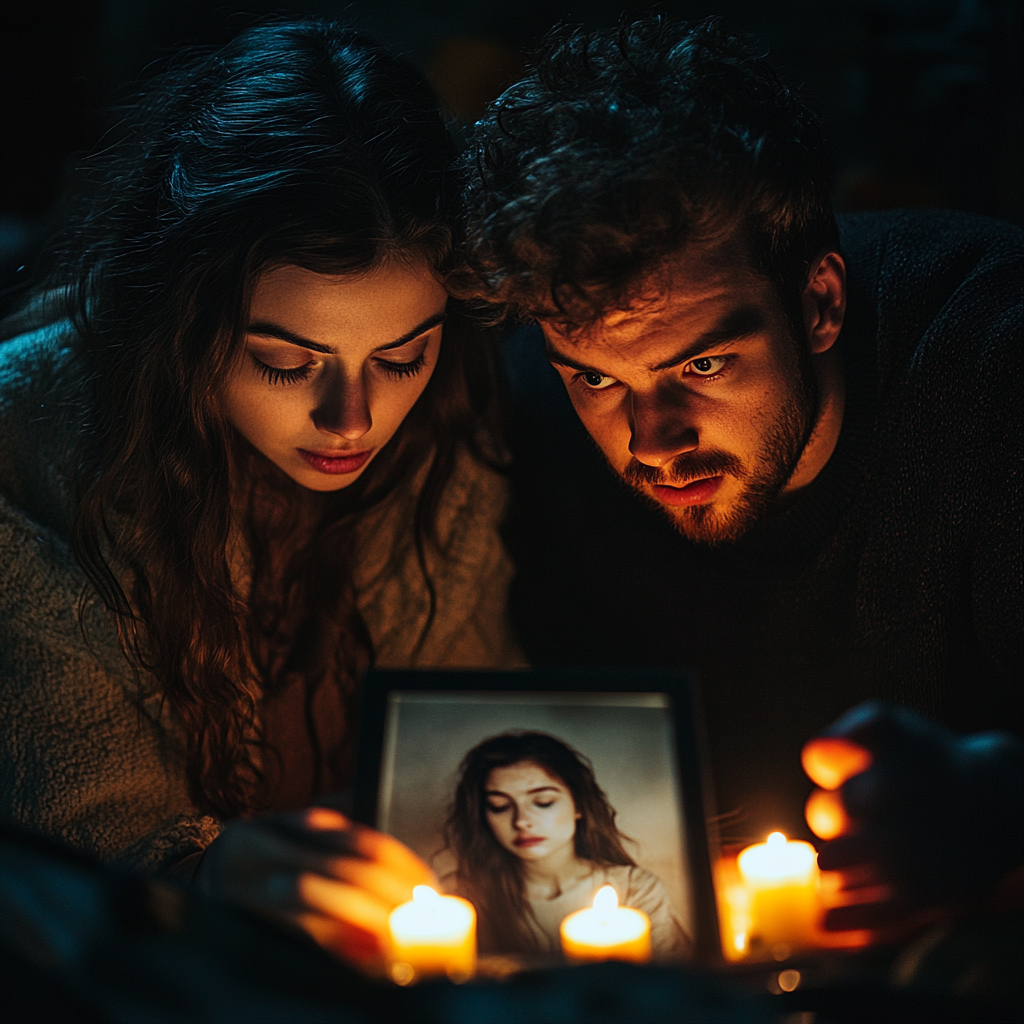 Pareja mirando una foto rodeada de velas | Fuente: Midjourney