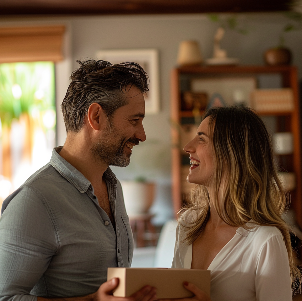 Hombre y mujer sosteniendo un paquete mientras se sonríen | Fuente: Midjourney