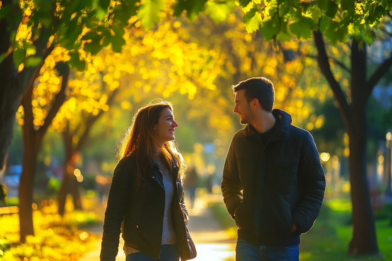 Una pareja feliz paseando por un parque | Fuente: Midjourney