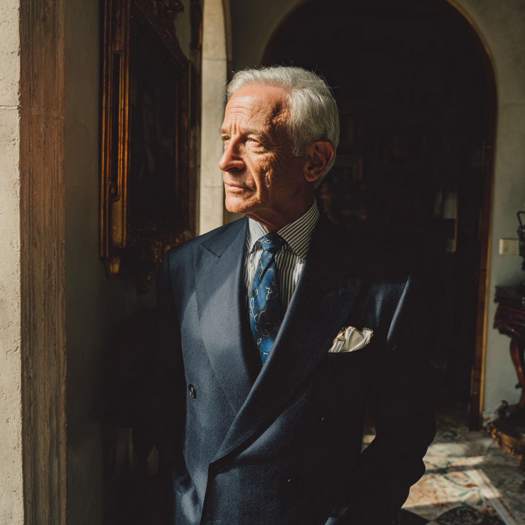 Un uomo anziano e pensieroso che indossa un abito blu scuro | Fonte: Midjourney