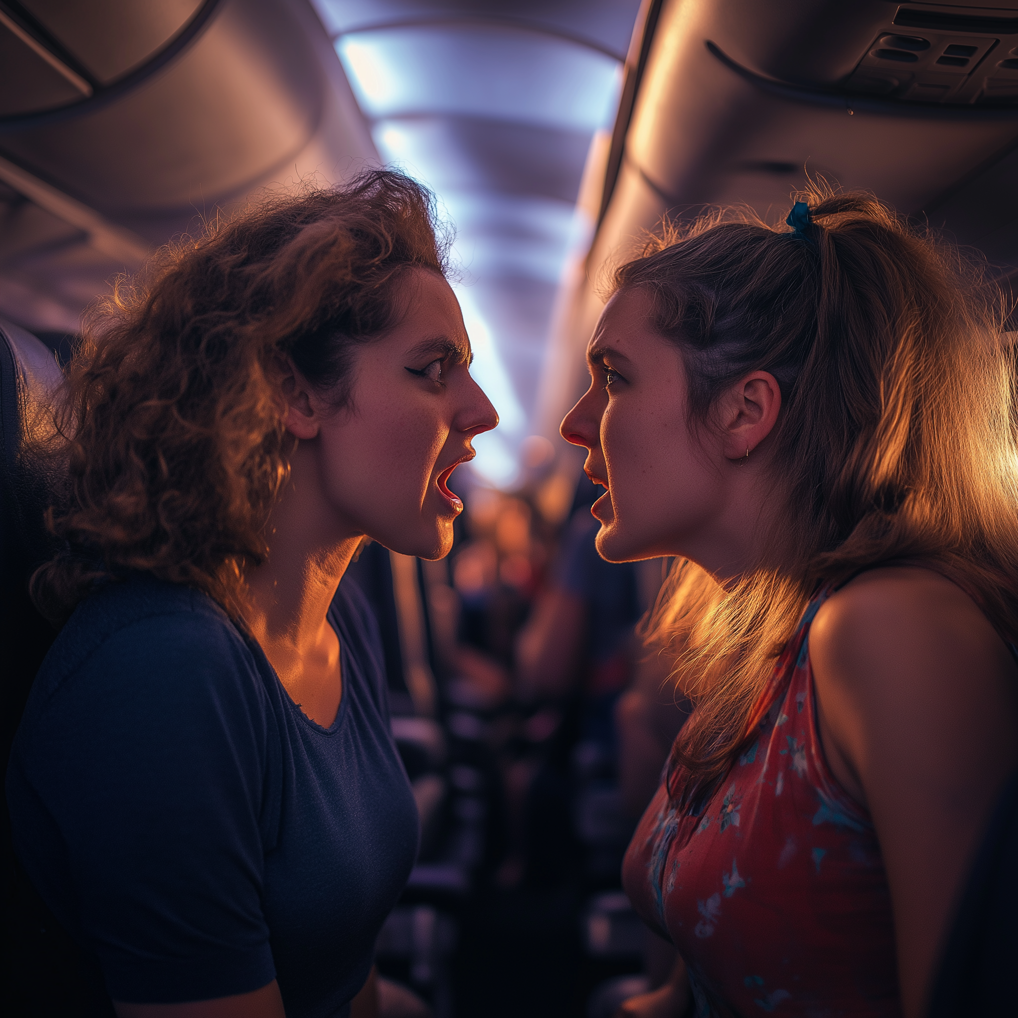 Dos mujeres discutiendo en un avión | Fuente: Midjourney