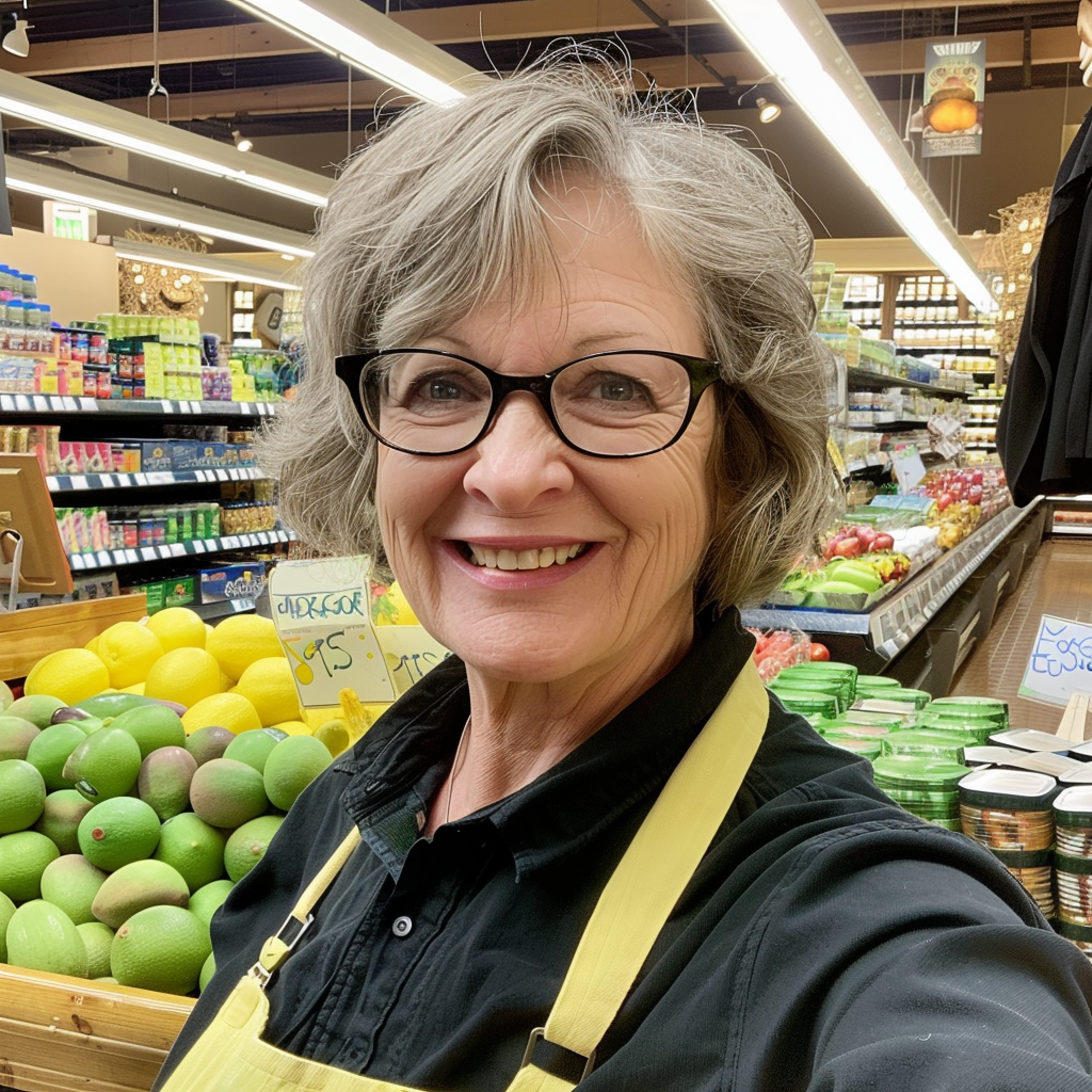 Una mujer sonriente en una tienda de comestibles | Fuente: Midjourney