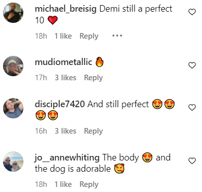 "Demi todavía es un 10 perfecto" | "🔥" | "Y todavía perfecta 😍😍😍😍" | Los usuarios comparten sus opiniones en la sección de comentarios de la foto de Instagram de Demi Moore. | Foto: instagram.com/demimoore
