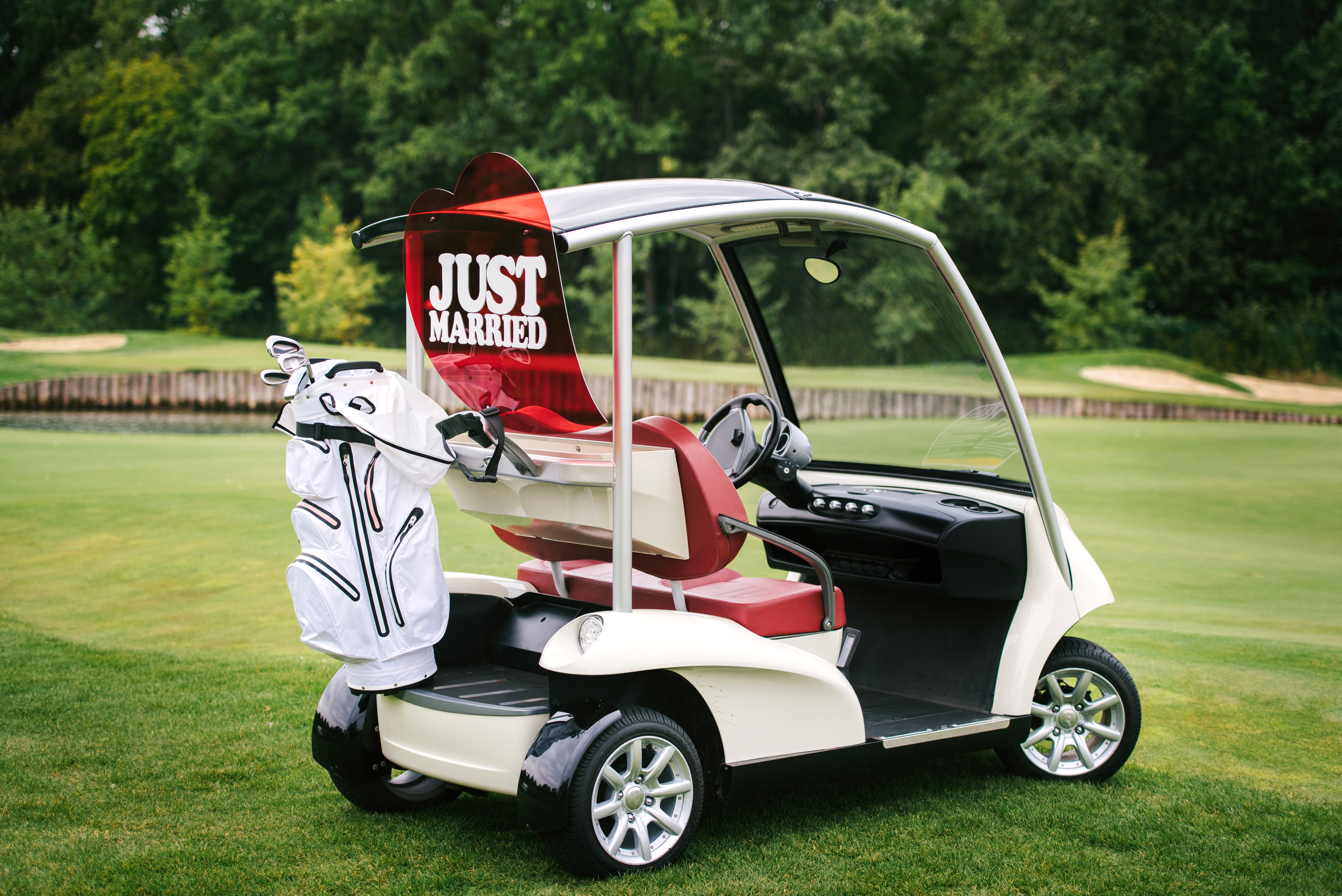 Un carrito de golf con las palabras "Just Married" en la parte trasera | Fuente: Shutterstock