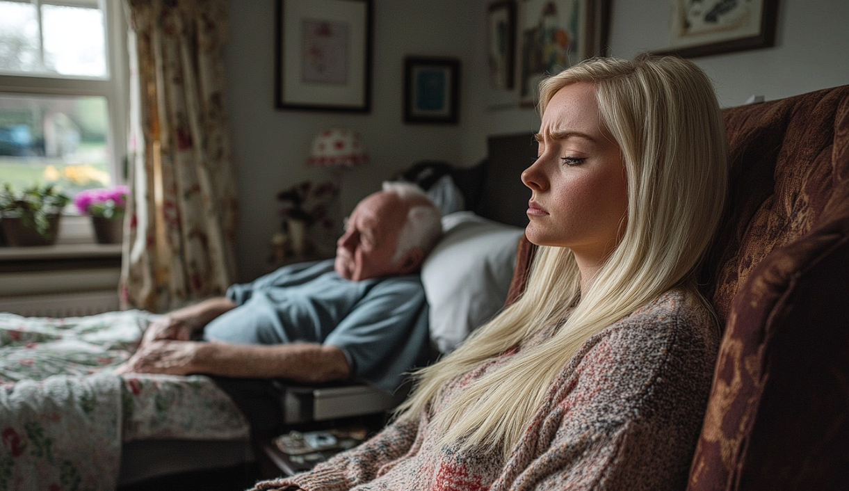 Una mujer preocupada sentada junto a la cama de su abuelo | Fuente: Midjourney