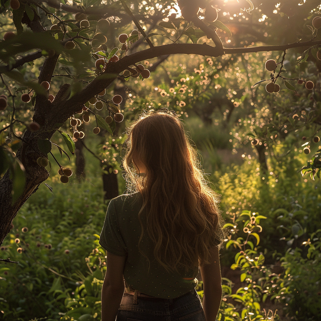 Una mujer en un huerto de melocotones | Fuente: Midjourney