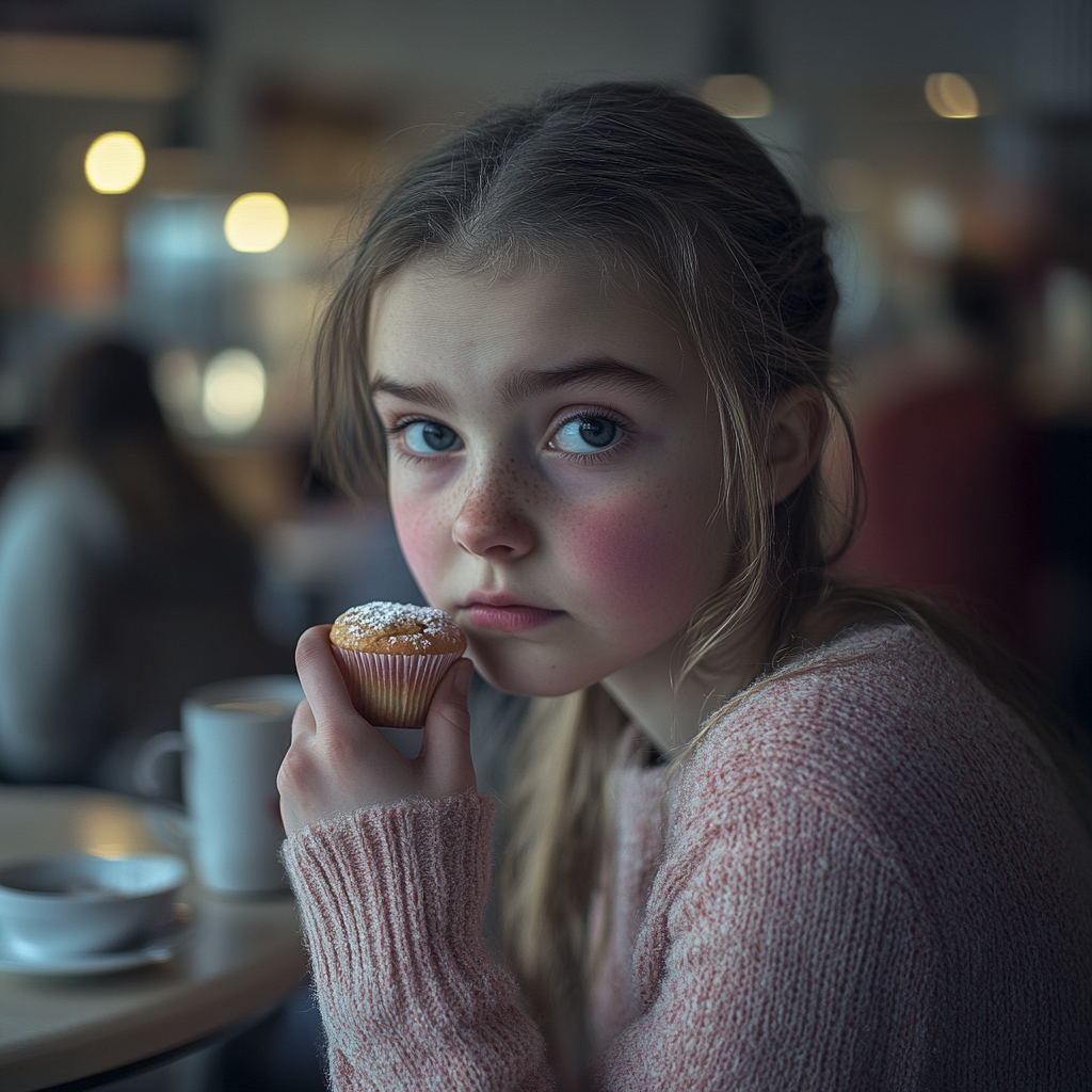 Una adolescente comiendo una magdalena sentada en un pequeño café | Fuente: Midjourney