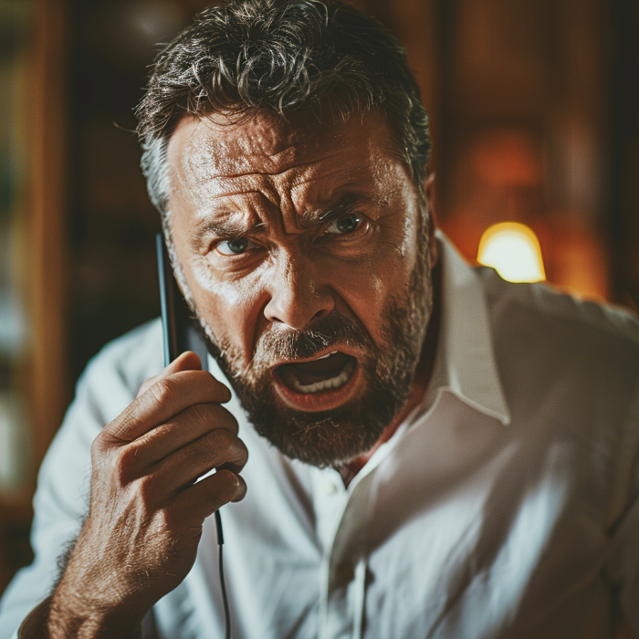 Un hombre de mediana edad enfadado hablando por teléfono | Fuente: Midjourney