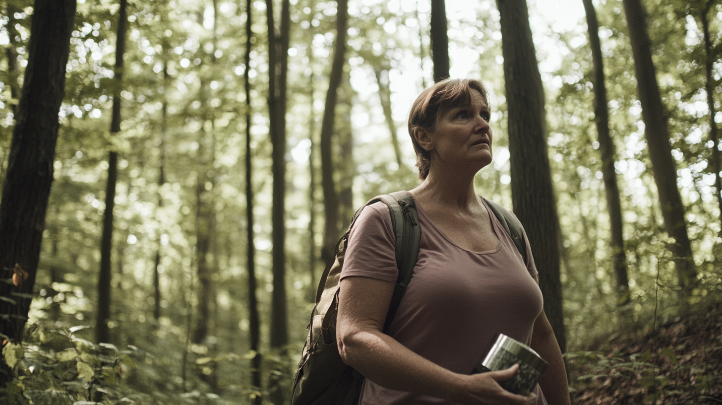 Una mujer con una urna de cenizas emprende un viaje en solitario por el bosque | Fuente: Midjourney