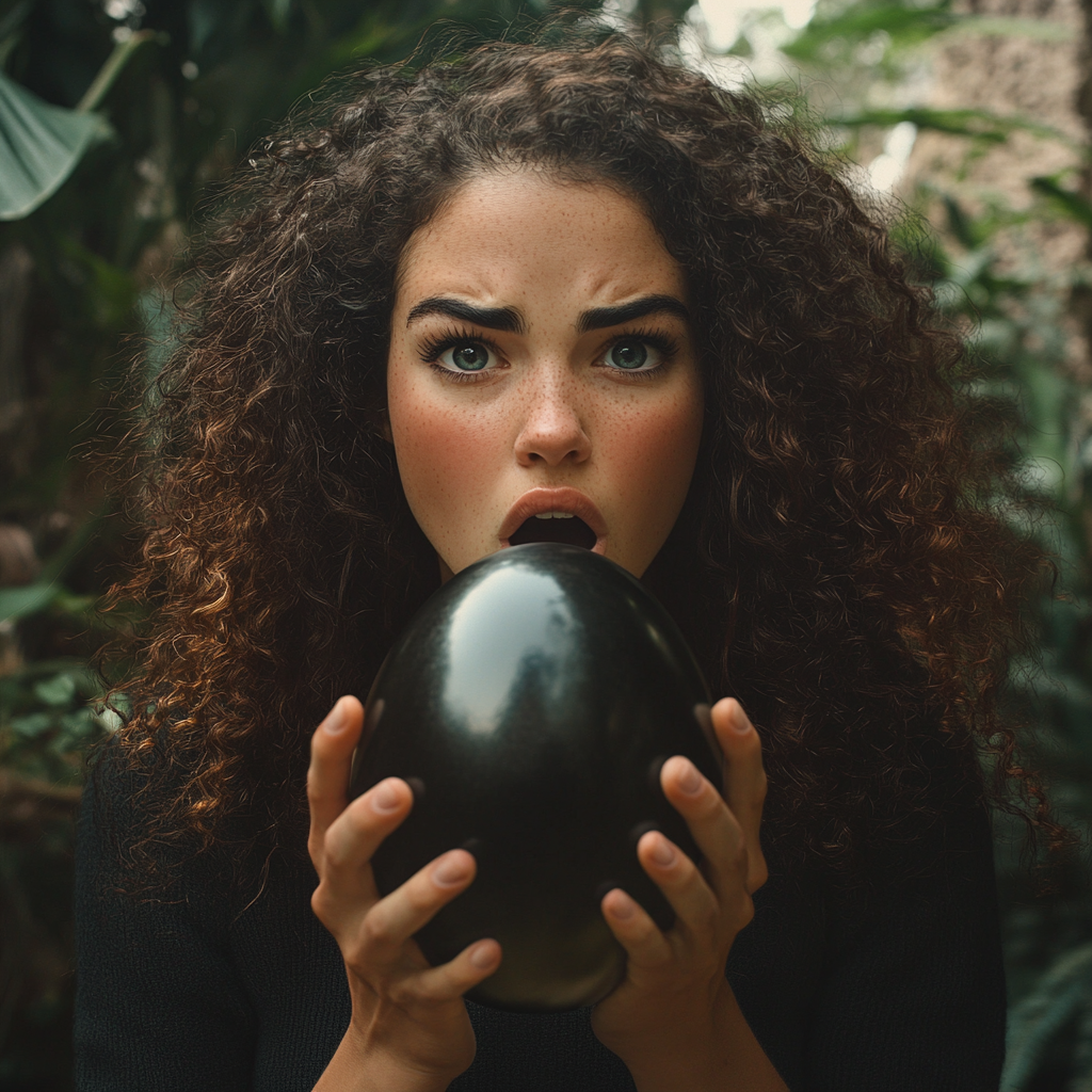 Una mujer sorprendida sosteniendo un gran huevo negro | Fuente: Midjourney