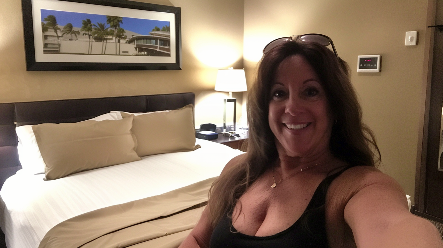 Mujer tomándose un selfie en un hotel | Fuente: Midjourney