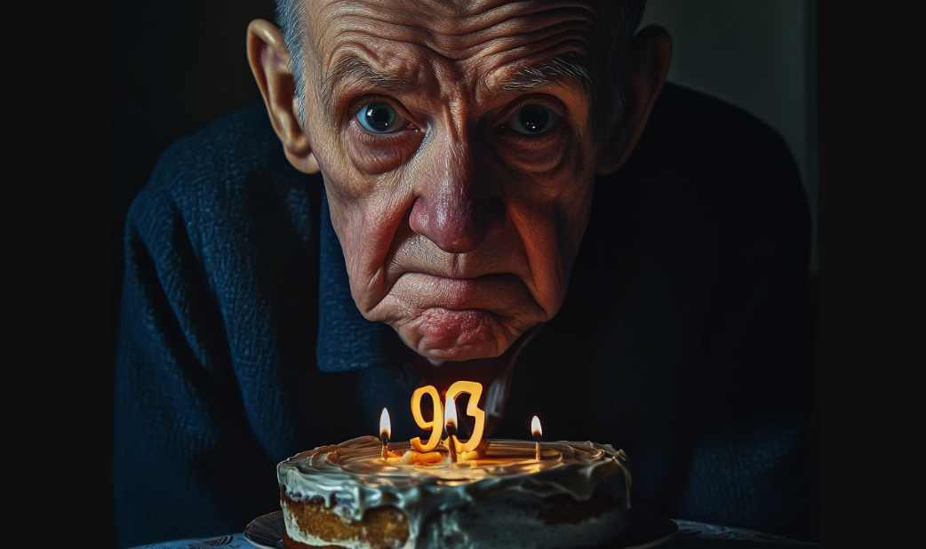 Anciano triste mirando su pastel de 93 cumpleaños | Fuente: Midjourney