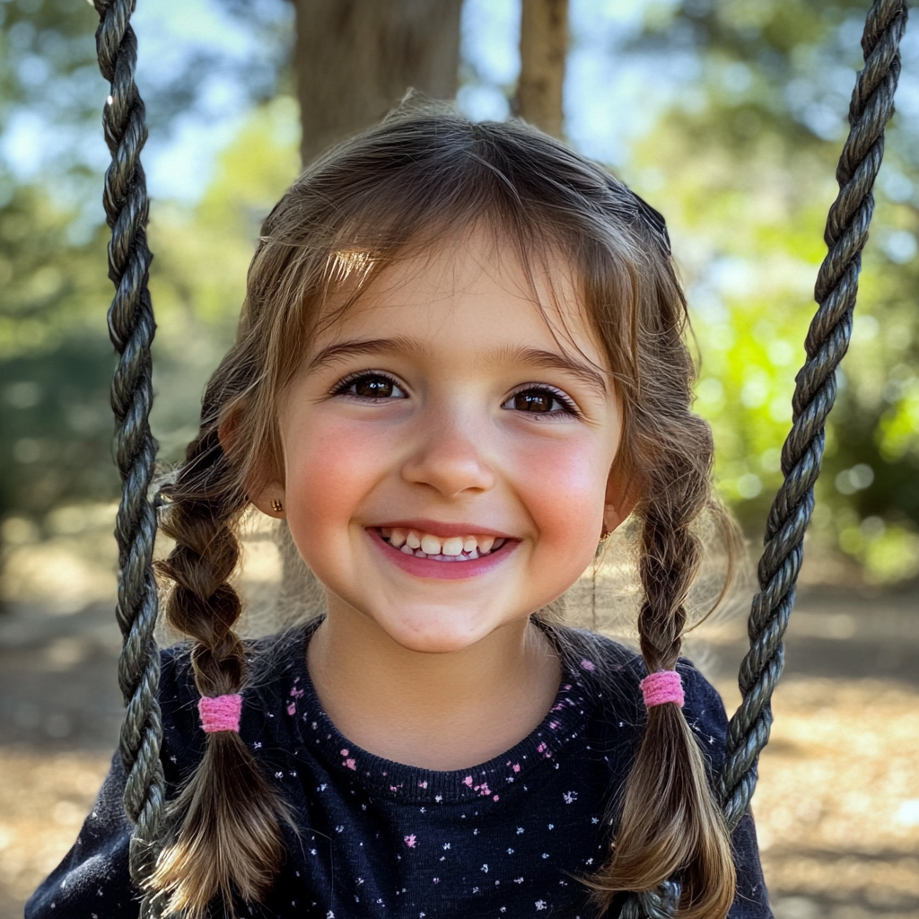 Una niña sonriente sentada en un columpio | Fuente: Midjourney