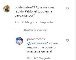 Comentario de Pablo a un seguidor. | Foto: Instagram/pablomotos