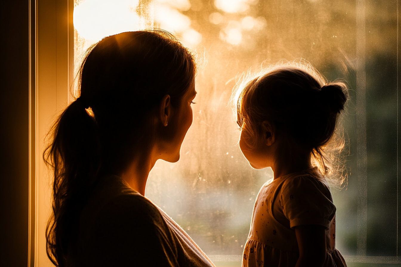 Una mujer y una niña mirando por la ventana | Fuente: Midjourney