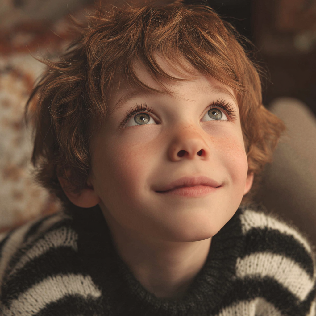 Un ragazzo sorridente che guarda in alto | Fonte: Midjourney