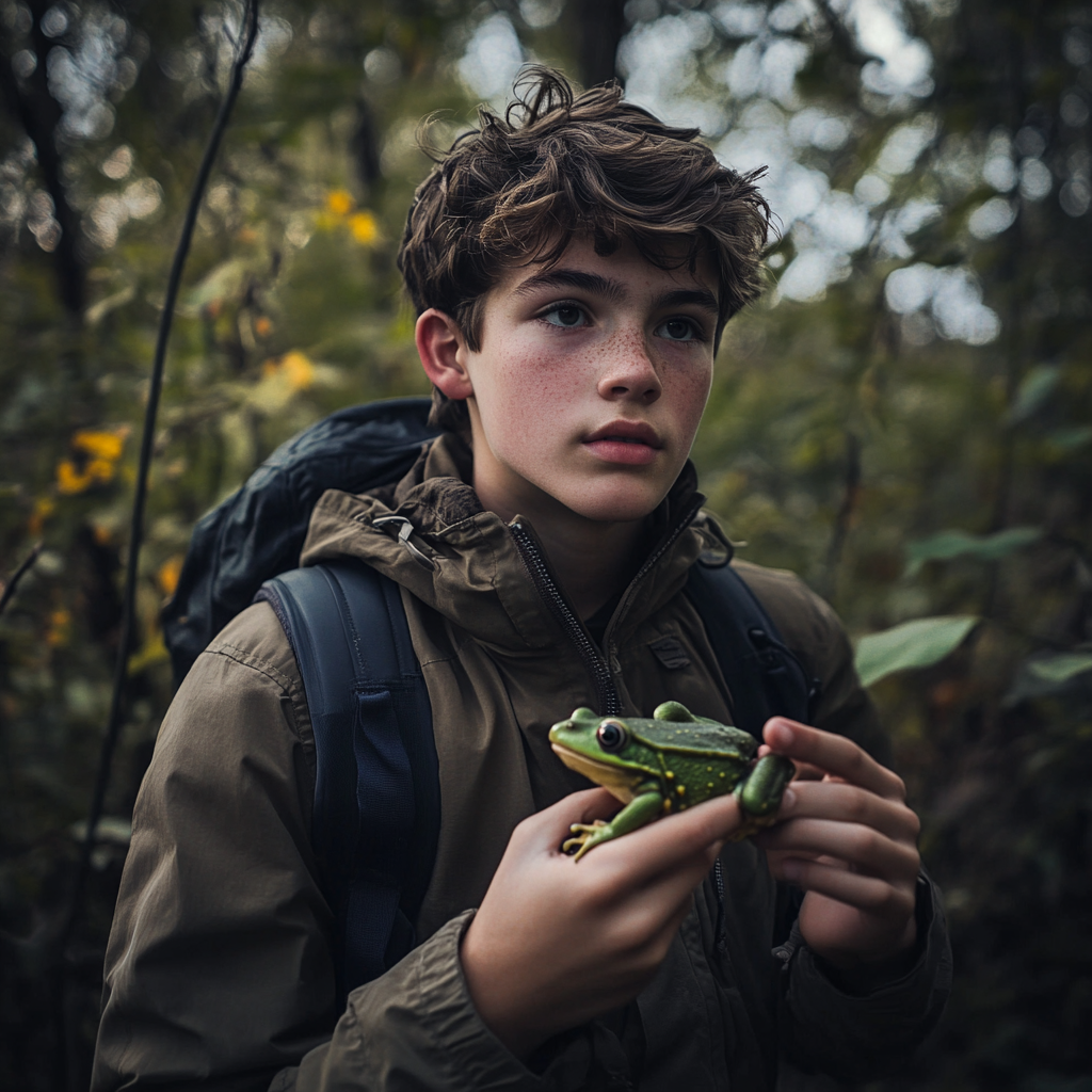 Un niño en el bosque sujetando una rana verde | Fuente: Midjourney