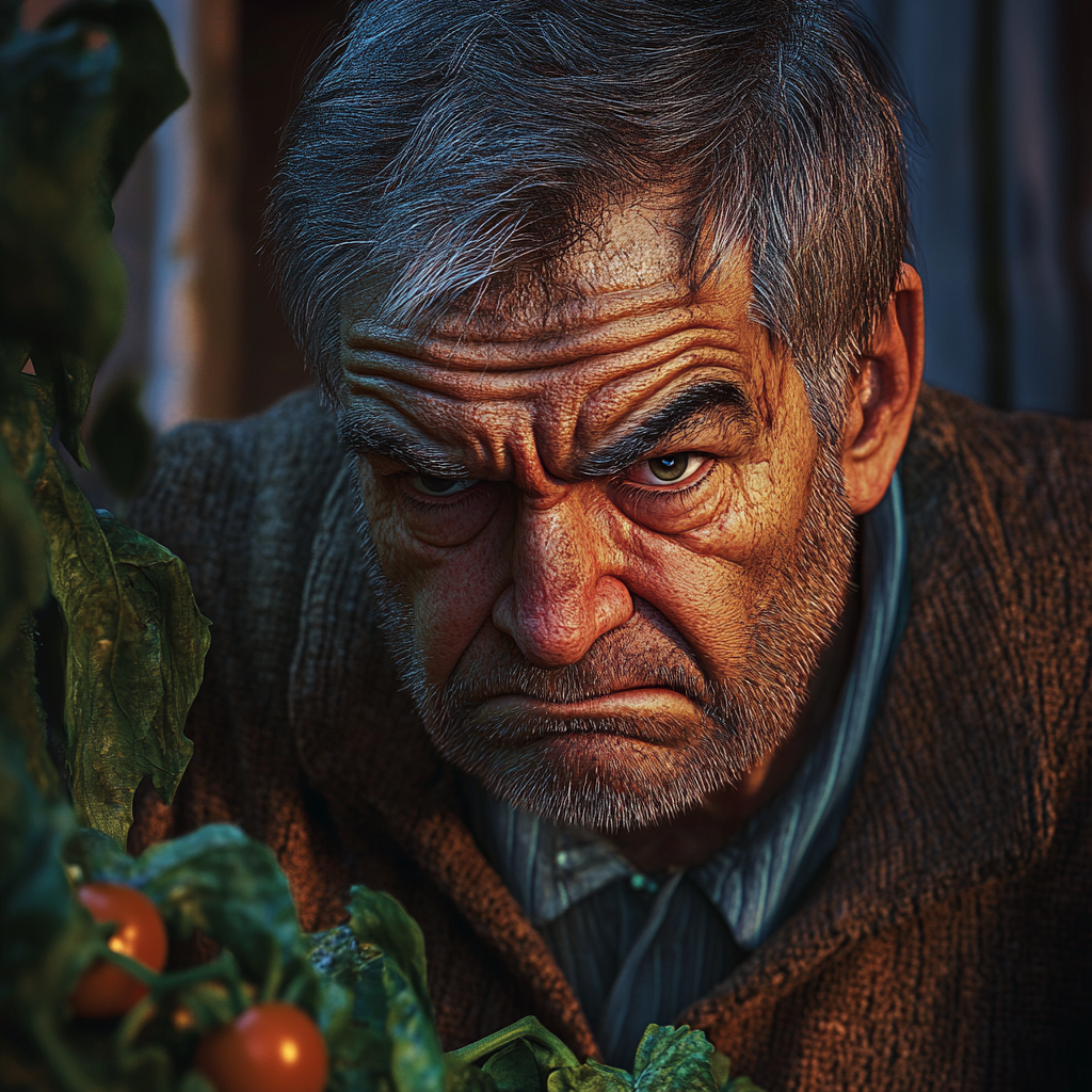 Un sabio anciano cuidando los tomates de su huerto | Fuente: Midjourney
