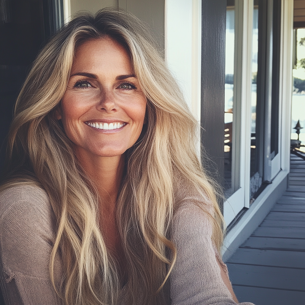 Una mujer sonriente sentada en un porche | Fuente: Midjourney
