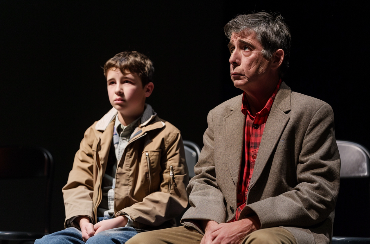 Un adolescente sentado junto a su padre en un escenario | Fuente: MidJourney