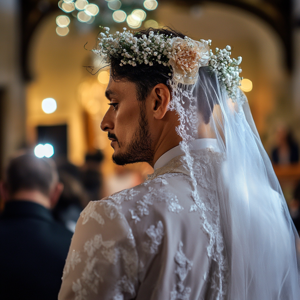 Hombre vestido de novia ante el altar | Fuente: Midjourney