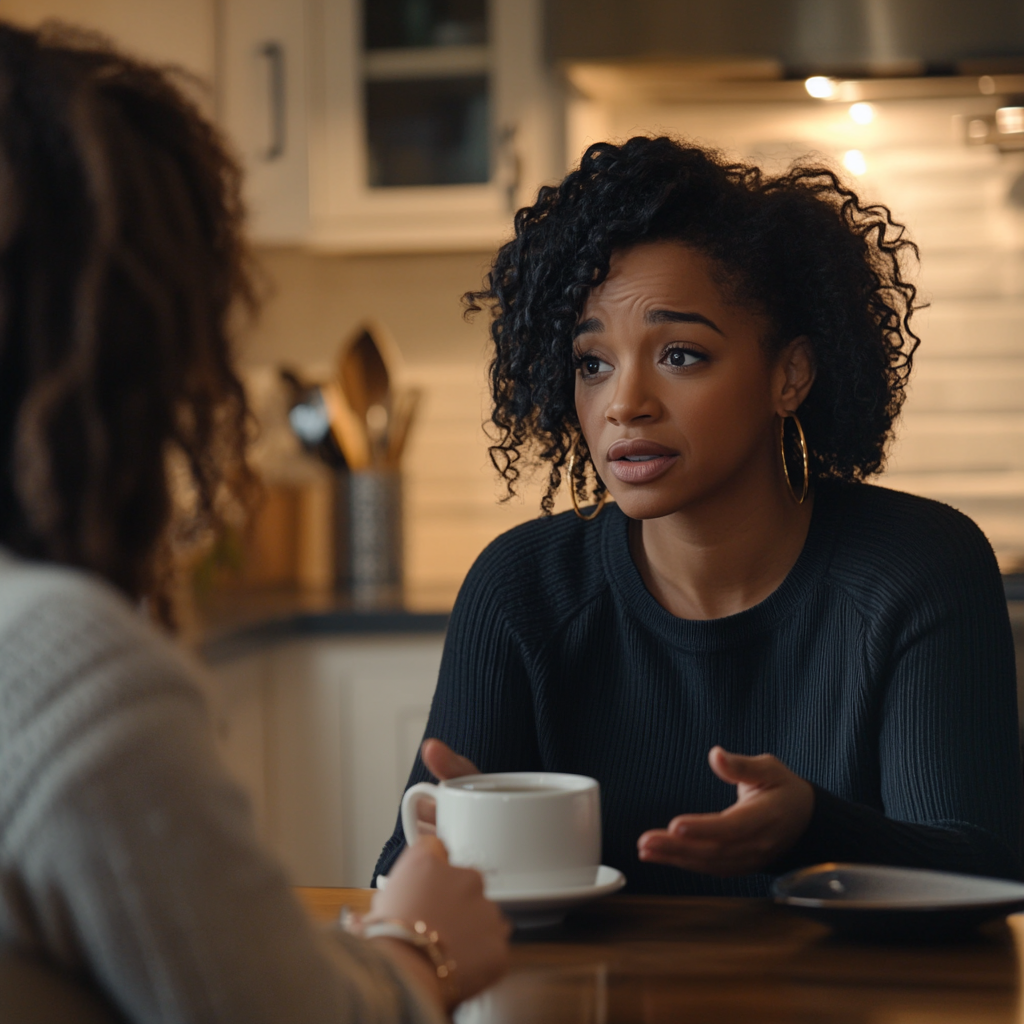 Una mujer negra hablando con su amiga mientras toma el té en su casa | Fuente: Midjourney