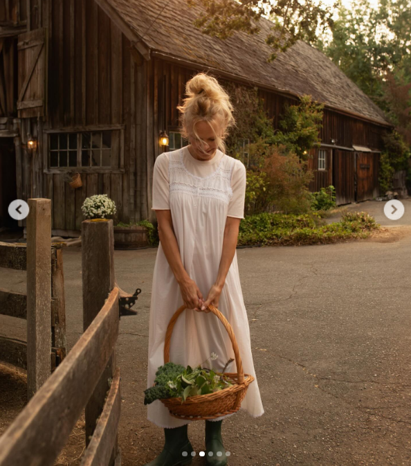 Pamela Anderson sonríe con dulzura mientras lleva una cesta de mimbre llena de verduras recién cosechadas del huerto, frente al rústico granero de madera de Arcady. Vestida con un vestido blanco vaporoso y unas botas de goma verdes, transmite la sencillez y la cercanía de la vida en la finca mientras celebra "Pamela's Cooking with Love", y comparte su gratitud por un programa centrado en su querida granja y huerto de la isla de Vancouver. | Fuente: Instagram/pamelaanderson