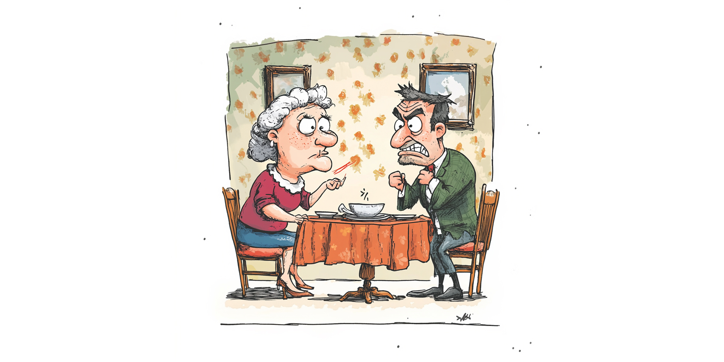 Dibujo animado de una pareja de ancianos discutiendo en una mesa | Fuente: AmoMama