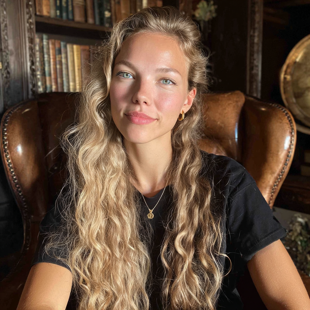 Una donna sorridente con lunghi capelli biondi | Fonte: Midjourney