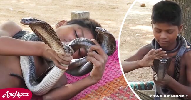 Niño toma siestas, se baña y acaricia a sus peligrosas serpientes amigas en escalofriante video