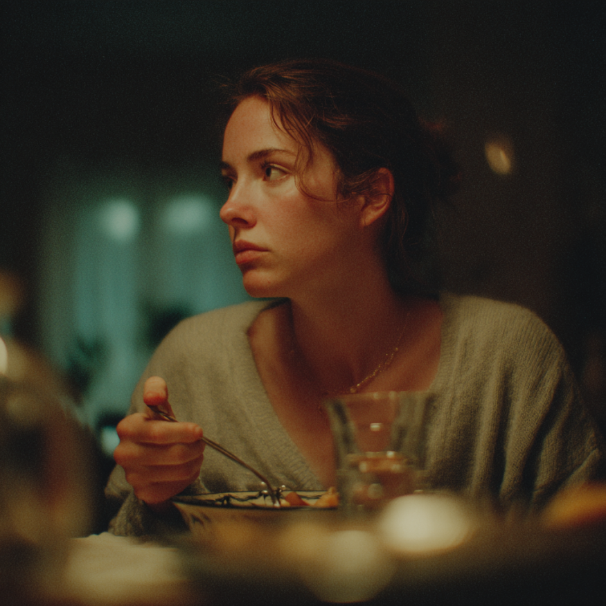 Una mujer sosteniendo una cuchara en una mesa | Fuente: Midjourney