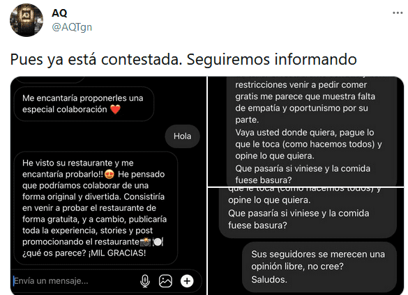 Capturas del mensaje de una influencer y la respuesta que le dio el propietario del restaurante AQ de Tarragona. | Foto: Twitter/AQTgn
