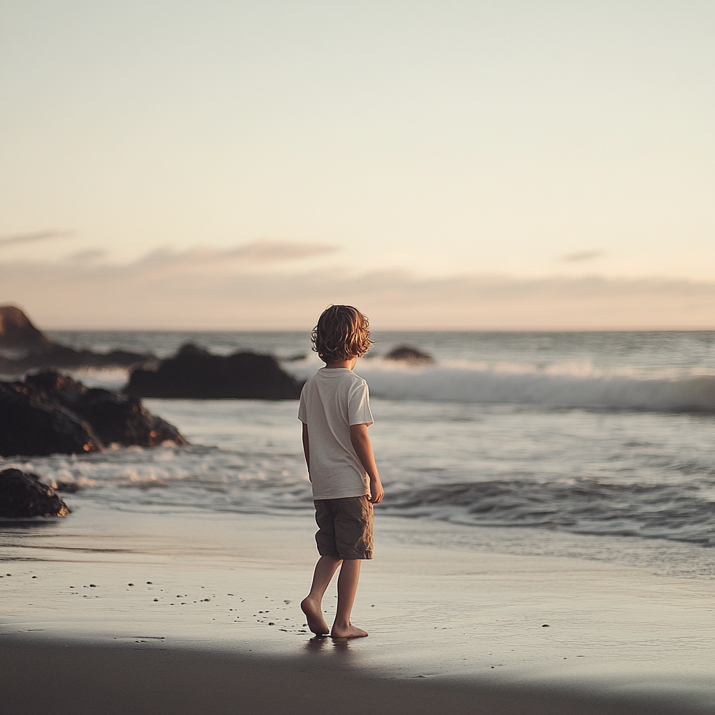 Un niño caminando por la orilla | Fuente: Midjourney