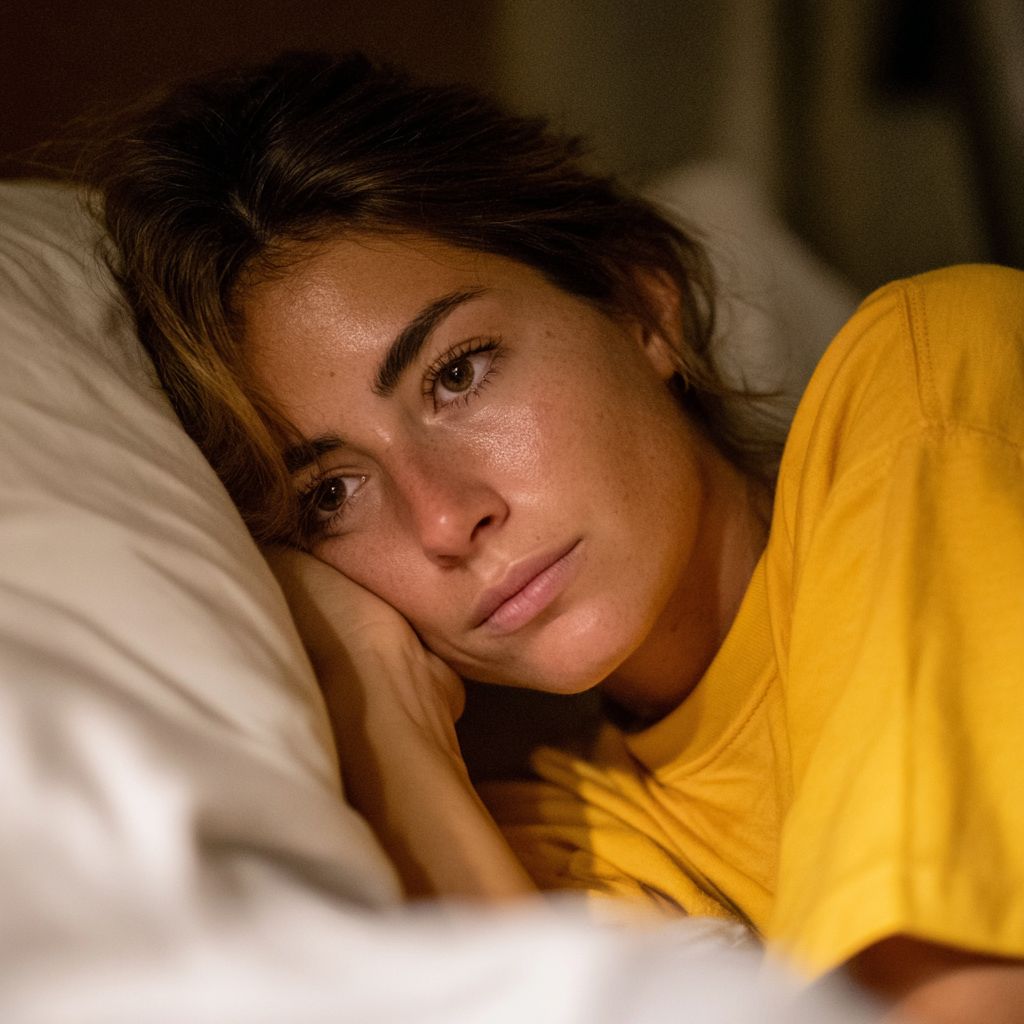 Una donna preoccupata sdraiata a letto | Fonte: Midjourney