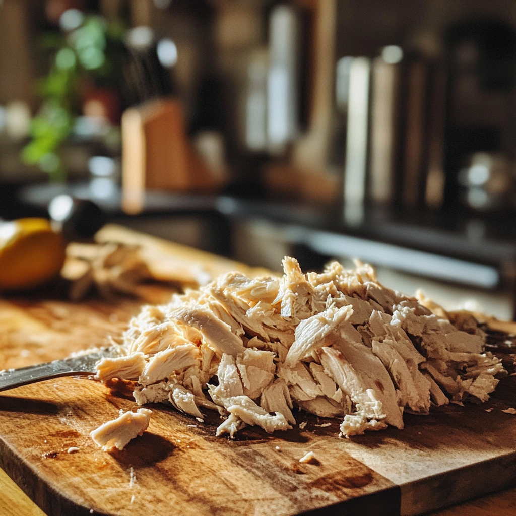 Pollo desmenuzado sobre una tabla de cortar | Fuente: Midjourney