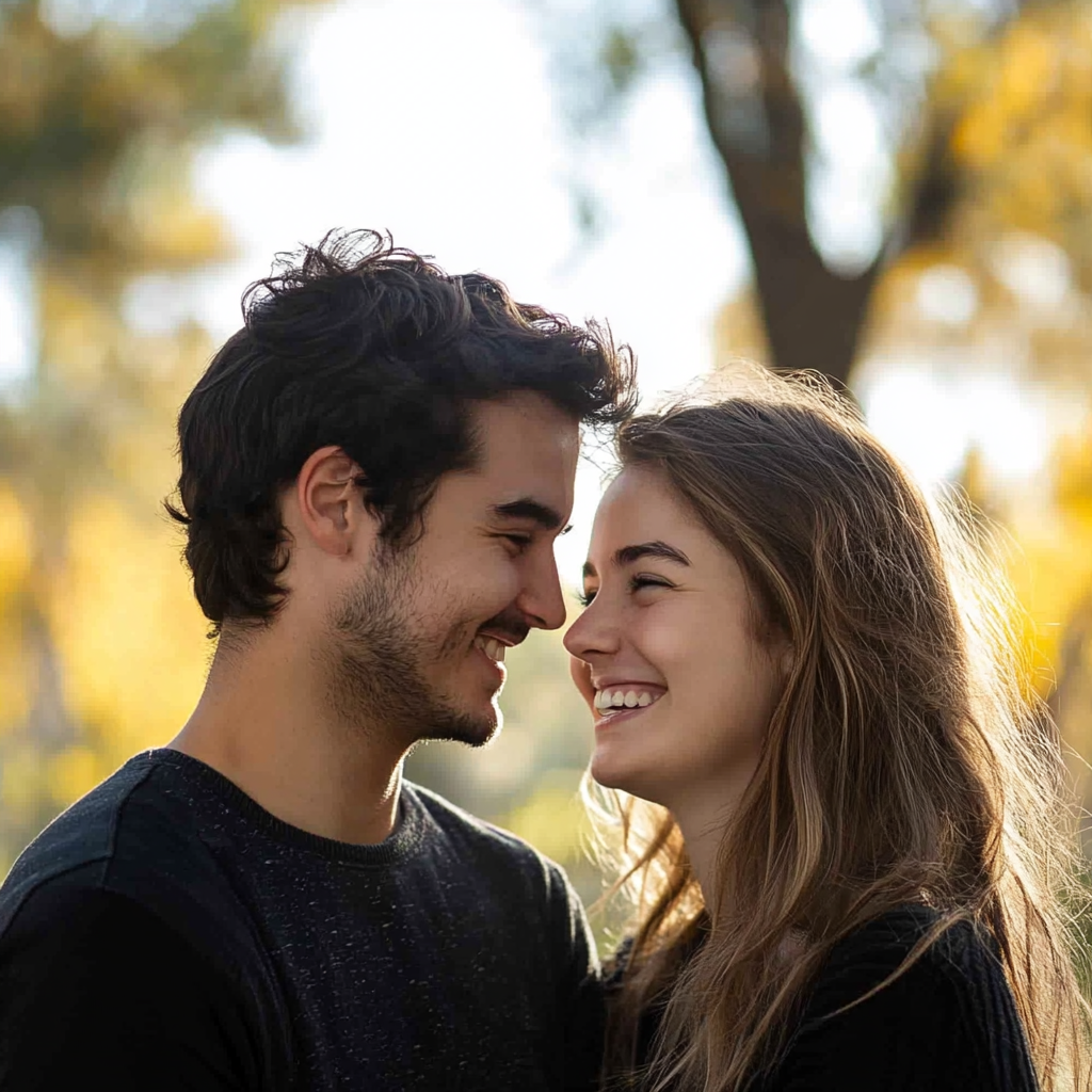 Una pareja joven y feliz en un parque | Fuente: Midjourney