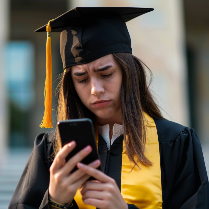 Una joven con traje de graduación consulta su teléfono móvil | Fuente: Midjourney