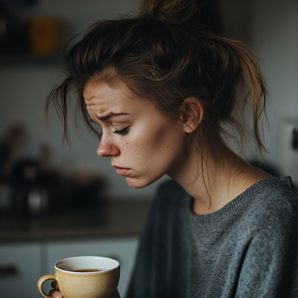 Una mujer frunce el ceño mientras mira fijamente su taza de té | Fuente: Midjourney