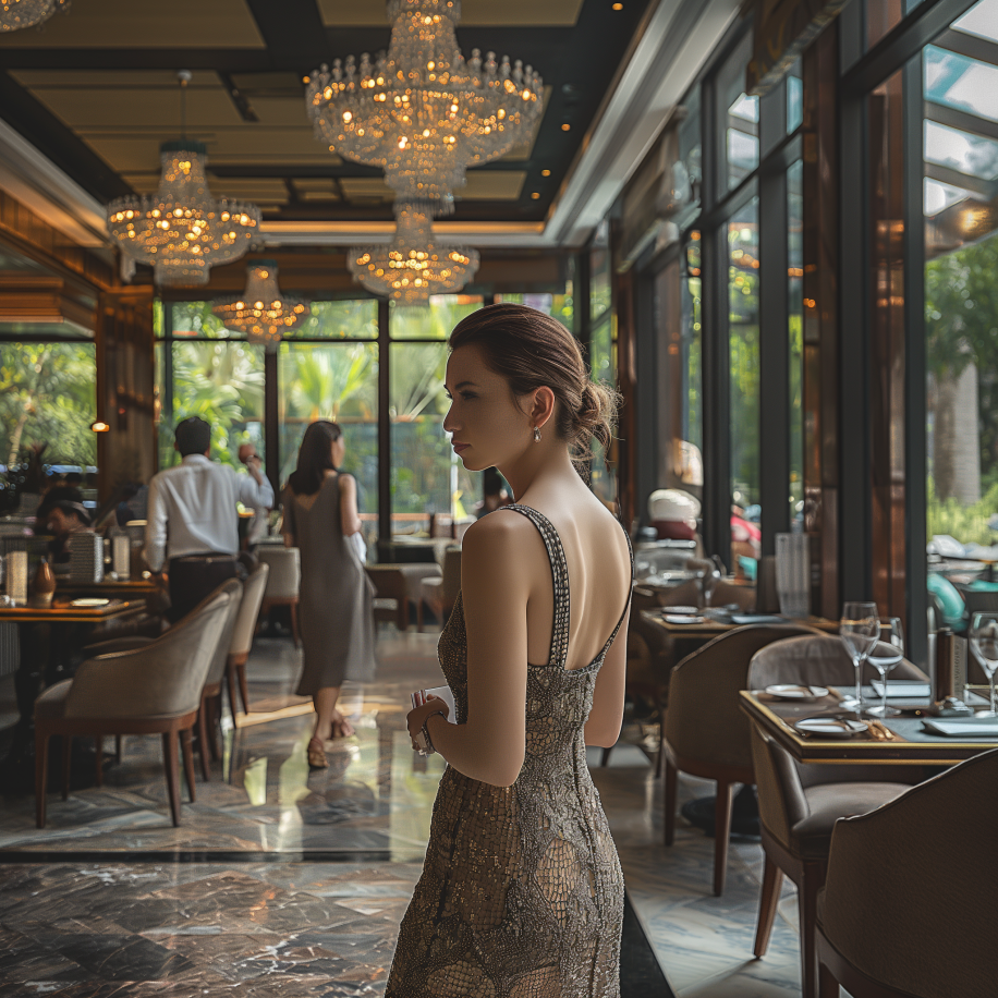 Una mujer con un vestido impresionante de pie en un restaurante | Fuente: Midjourney