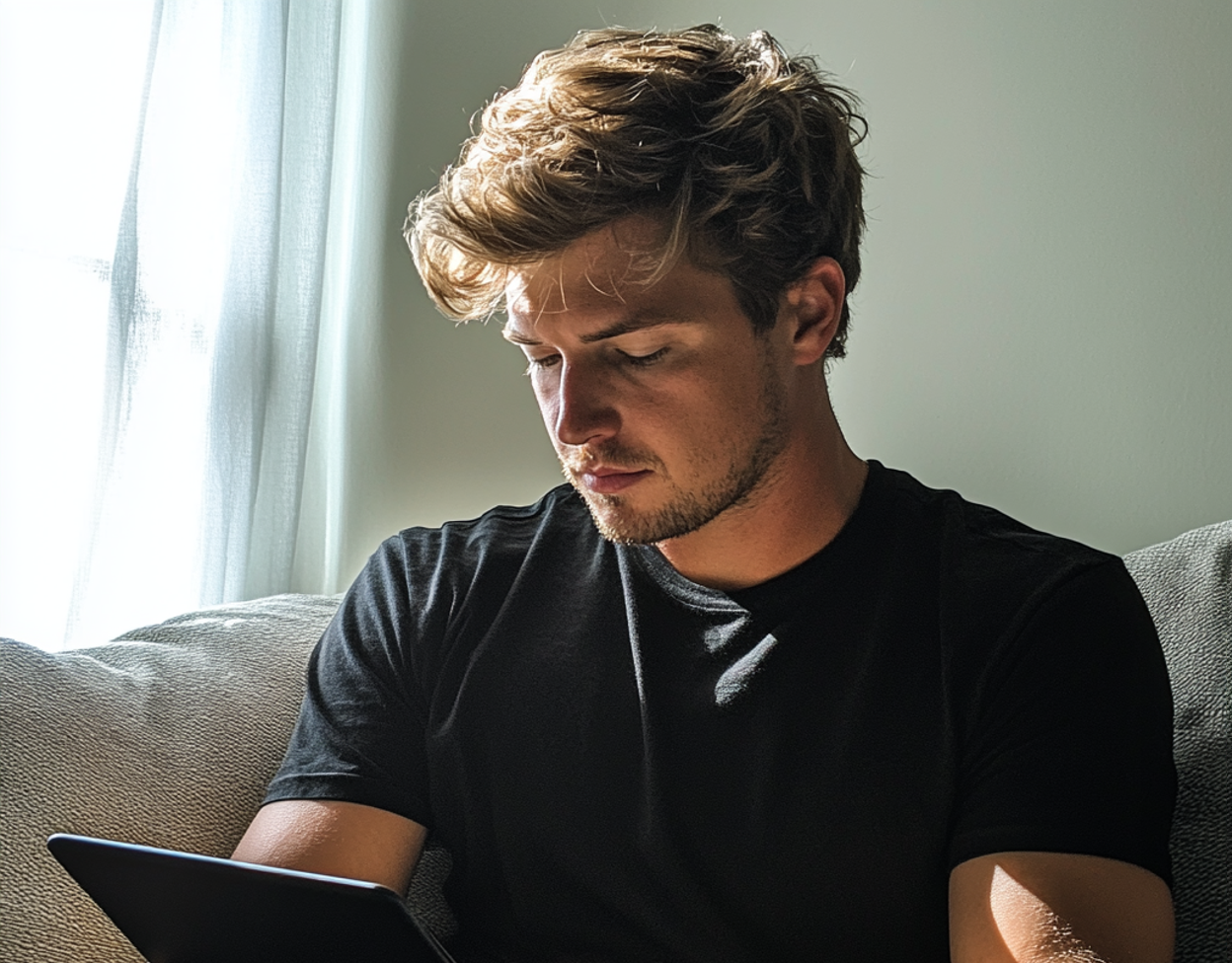 Un hombre sentado en un sofá y utilizando una tablet | Fuente: Midjourney