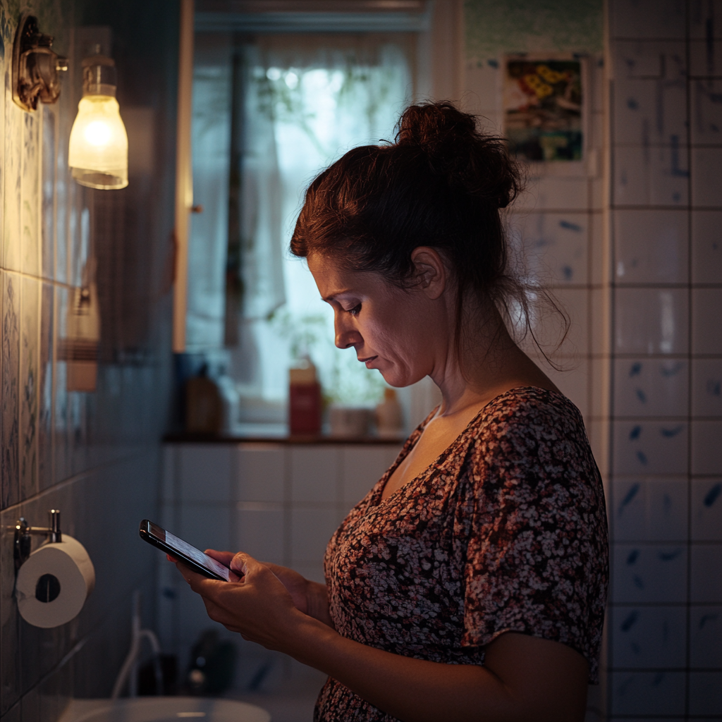 Una mujer triste mirando su teléfono | Fuente: Midjourney